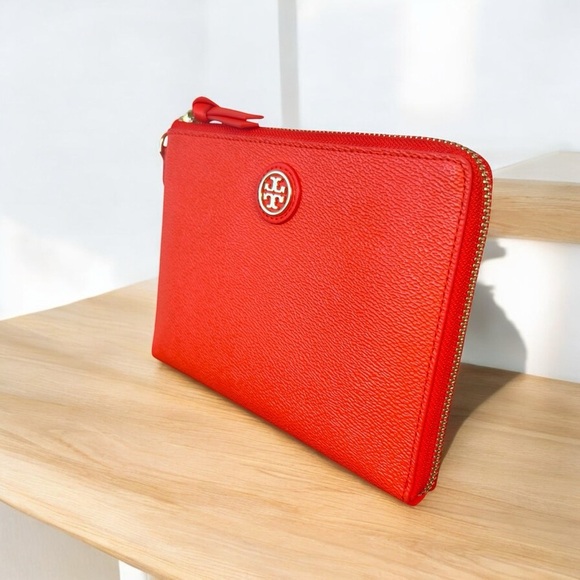 Tory Burch Handbags - Tory Burch Redish Orange Leather Zip Clutch